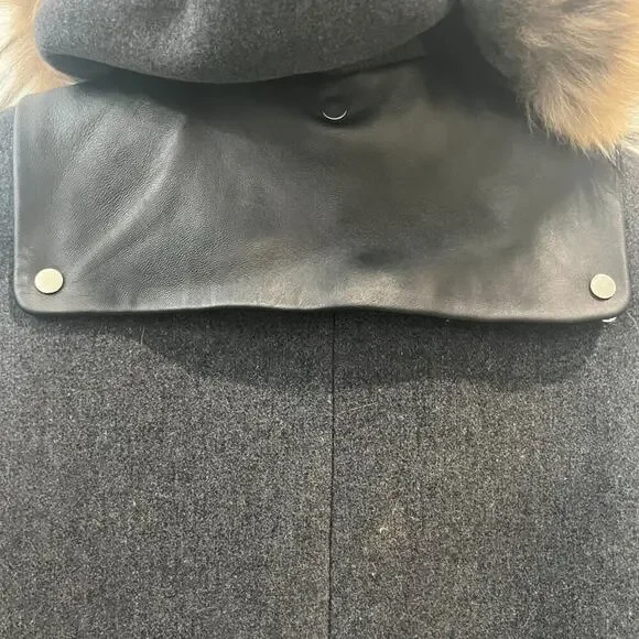 Sandro Paris Gray Wool Fur-Trimmed Hooded Winter Coat — French Luxury - Picture 9 of 10